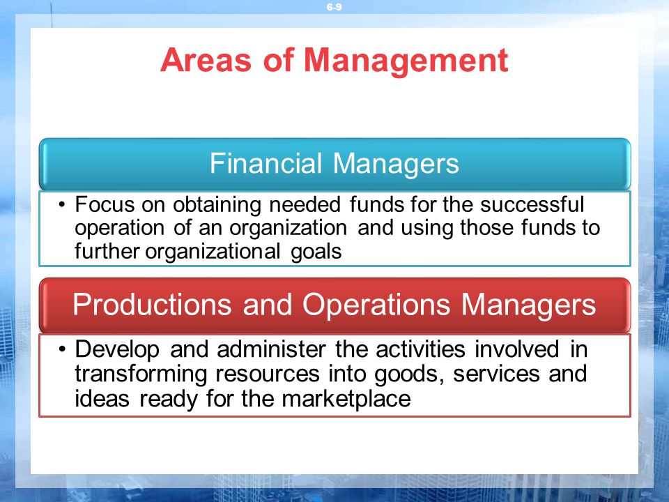 Areas of Management 6-9 Financial Managers Focus on obtaining needed funds for the successful operation of an organization and using those funds to further organizational goals Productions and Operations Managers Develop and administer the activities involved in transforming resources into goods, services and ideas ready for the marketplace