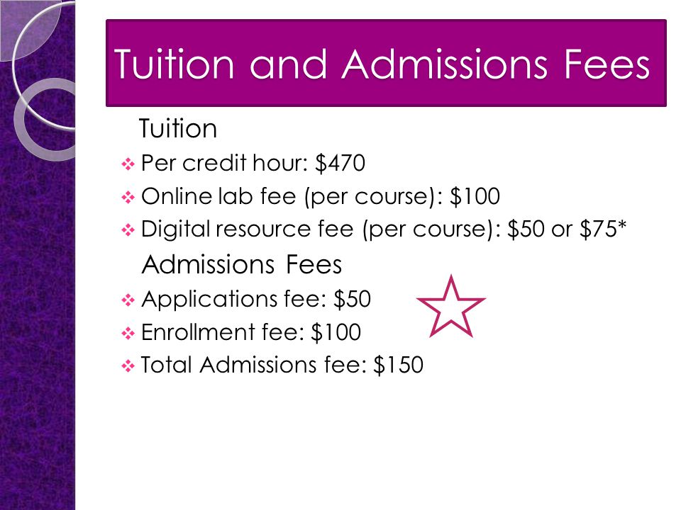Tuition and Admissions Fees Tuition  Per credit hour: $470  Online lab fee (per course): $100  Digital resource fee (per course): $50 or $75* Admissions Fees  Applications fee: $50  Enrollment fee: $100  Total Admissions fee: $150