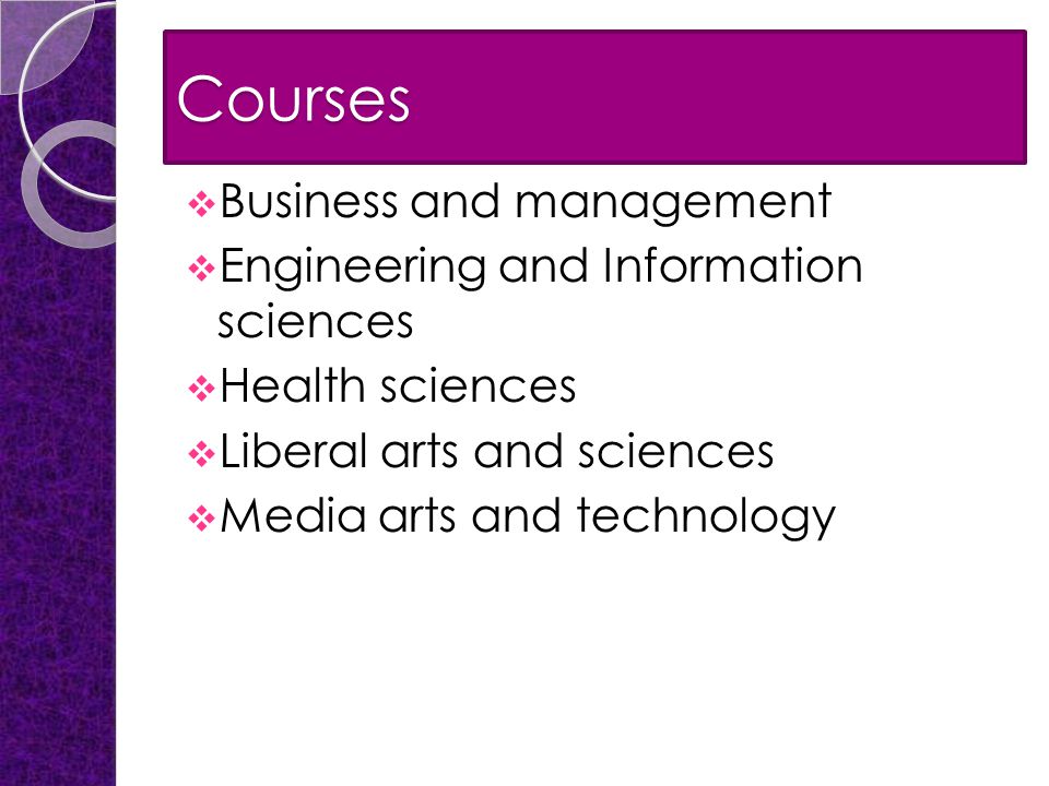 Courses  Business and management  Engineering and Information sciences  Health sciences  Liberal arts and sciences  Media arts and technology