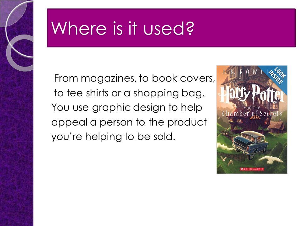 Where is it used. From magazines, to book covers, to tee shirts or a shopping bag.