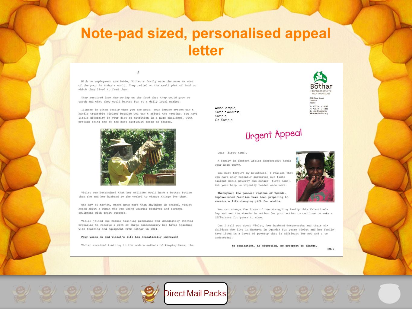 Note-pad sized, personalised appeal letter Direct Mail Packs Anne Sample, Sample Address, Sample, Co.