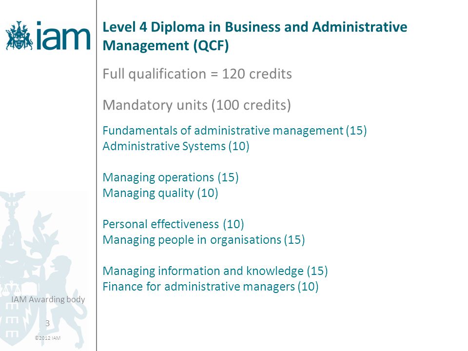 3 ©2012 IAM IAM Awarding body Level 4 Diploma in Business and Administrative Management (QCF) Full qualification = 120 credits Mandatory units (100 credits) Fundamentals of administrative management (15) Administrative Systems (10) Managing operations (15) Managing quality (10) Personal effectiveness (10) Managing people in organisations (15) Managing information and knowledge (15) Finance for administrative managers (10)