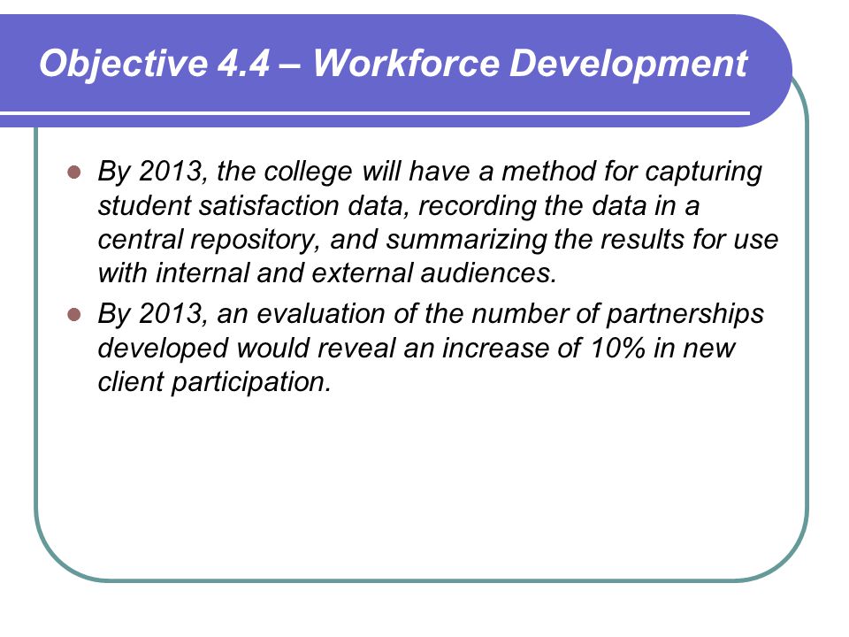 Objective 4.4 – Workforce Development By 2013, the college will have a method for capturing student satisfaction data, recording the data in a central repository, and summarizing the results for use with internal and external audiences.