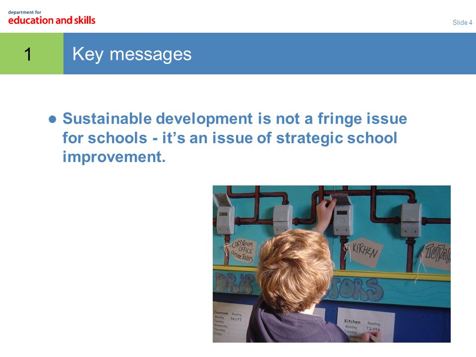 Slide 4 1 Key messages Sustainable development is not a fringe issue for schools - it’s an issue of strategic school improvement.