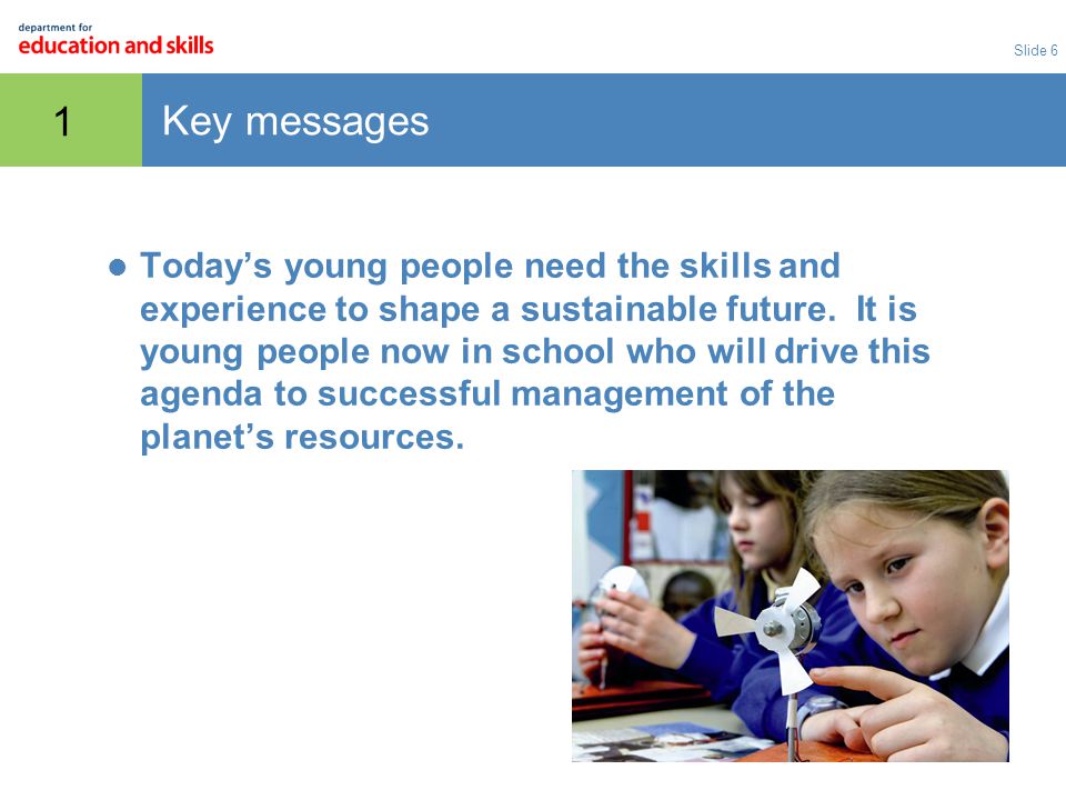 Slide 6 1 Key messages Today’s young people need the skills and experience to shape a sustainable future.
