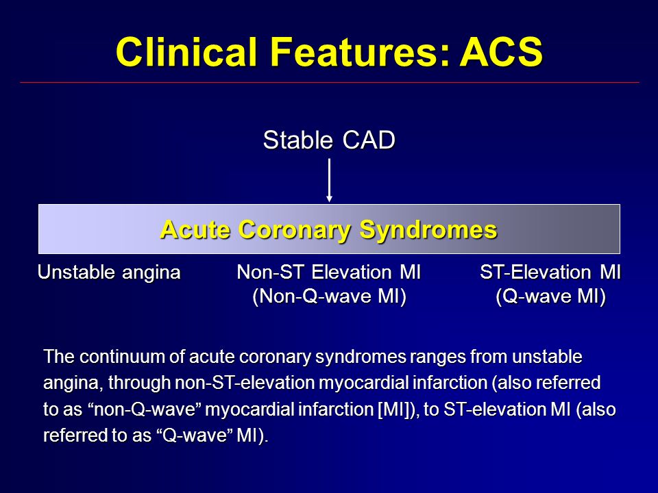 Acute Coronary Syndromes Unstable angina ST-Elevation MI (Q-wave MI) Non-ST Elevation MI (Non-Q-wave MI) Stable CAD The continuum of acute coronary syndromes ranges from unstable angina, through non-ST-elevation myocardial infarction (also referred to as non-Q-wave myocardial infarction [MI]), to ST-elevation MI (also referred to as Q-wave MI).