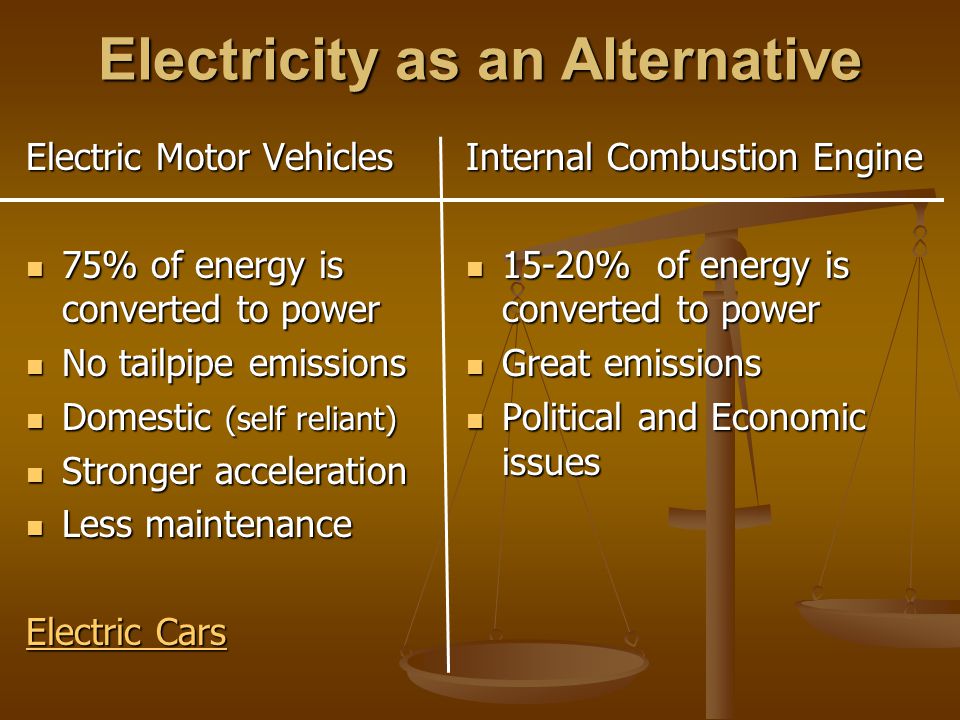 Electricity as an Alternative Electric Motor Vehicles 75% of energy is converted to power 75% of energy is converted to power No tailpipe emissions No tailpipe emissions Domestic (self reliant) Domestic (self reliant) Stronger acceleration Stronger acceleration Less maintenance Less maintenance Electric Cars Electric Cars Internal Combustion Engine 15-20% of energy is converted to power Great emissions Political and Economic issues