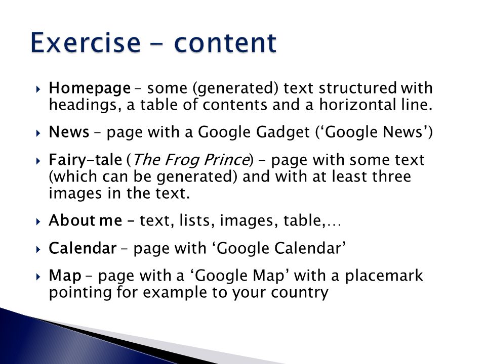  Homepage – some (generated) text structured with headings, a table of contents and a horizontal line.