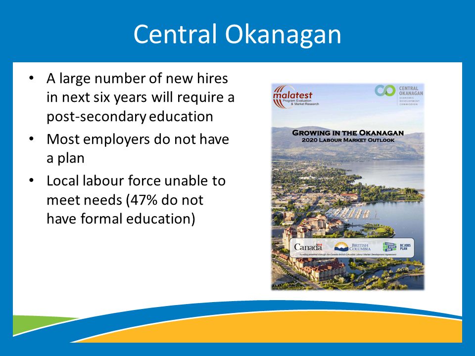 A large number of new hires in next six years will require a post-secondary education Most employers do not have a plan Local labour force unable to meet needs (47% do not have formal education) Central Okanagan