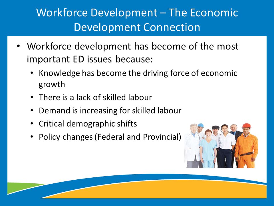 Workforce development has become of the most important ED issues because: Knowledge has become the driving force of economic growth There is a lack of skilled labour Demand is increasing for skilled labour Critical demographic shifts Policy changes (Federal and Provincial) Workforce Development – The Economic Development Connection