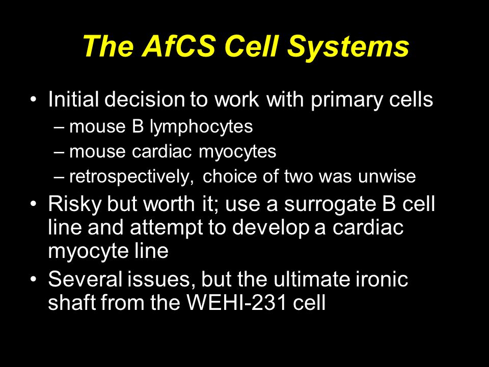 The AfCS Cell Systems Initial decision to work with primary cells –mouse B lymphocytes –mouse cardiac myocytes –retrospectively, choice of two was unwise Risky but worth it; use a surrogate B cell line and attempt to develop a cardiac myocyte line Several issues, but the ultimate ironic shaft from the WEHI-231 cell