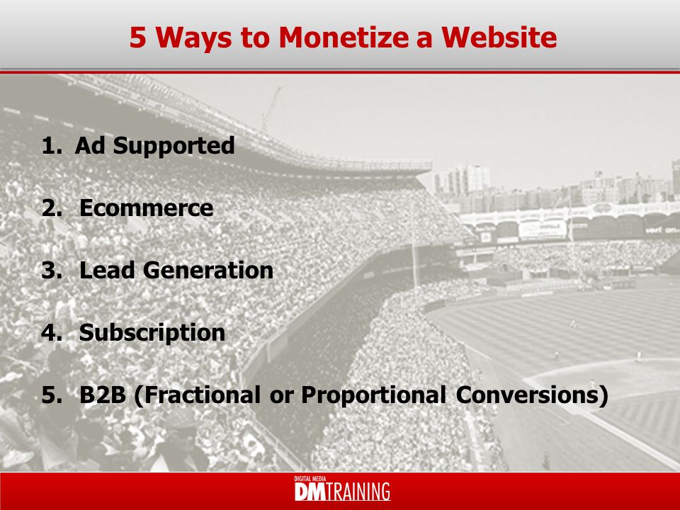1.Ad Supported 2.Ecommerce 3.Lead Generation 4.Subscription 5.B2B (Fractional or Proportional Conversions) 5 Ways to Monetize a Website