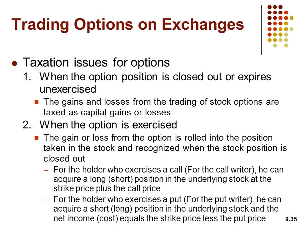 Taxation issues for options 1.When the option position is closed out or expires unexercised The gains and losses from the trading of stock options are taxed as capital gains or losses 2.When the option is exercised The gain or loss from the option is rolled into the position taken in the stock and recognized when the stock position is closed out –For the holder who exercises a call (For the call writer), he can acquire a long (short) position in the underlying stock at the strike price plus the call price –For the holder who exercises a put (For the put writer), he can acquire a short (long) position in the underlying stock and the net income (cost) equals the strike price less the put price 9.35 Trading Options on Exchanges