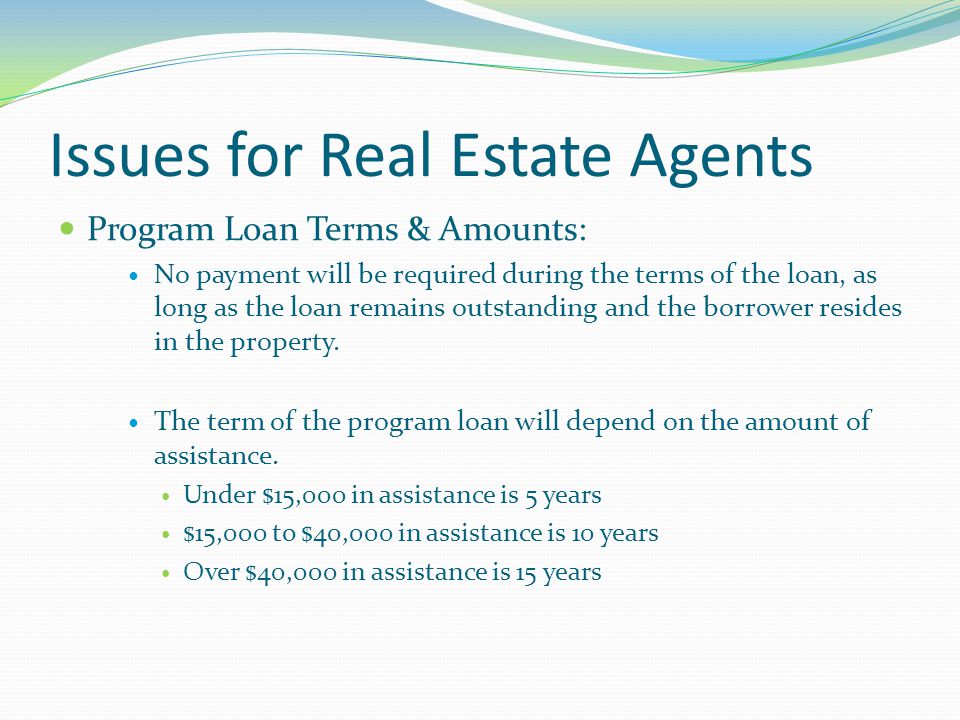 Issues for Real Estate Agents Program Loan Terms & Amounts: No payment will be required during the terms of the loan, as long as the loan remains outstanding and the borrower resides in the property.