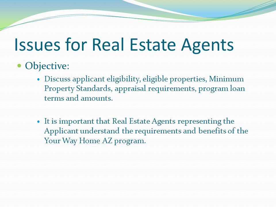 Issues for Real Estate Agents Objective: Discuss applicant eligibility, eligible properties, Minimum Property Standards, appraisal requirements, program loan terms and amounts.