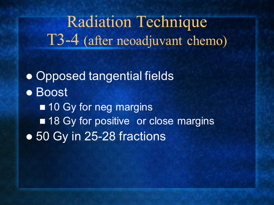 Radiation Technique T3-4 (after neoadjuvant chemo) Opposed tangential fields Boost 10 Gy for neg margins 18 Gy for positive or close margins 50 Gy in fractions