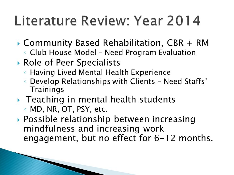  Community Based Rehabilitation, CBR + RM ◦ Club House Model – Need Program Evaluation  Role of Peer Specialists ◦ Having Lived Mental Health Experience ◦ Develop Relationships with Clients – Need Staffs’ Trainings  Teaching in mental health students ◦ MD, NR, OT, PSY, etc.