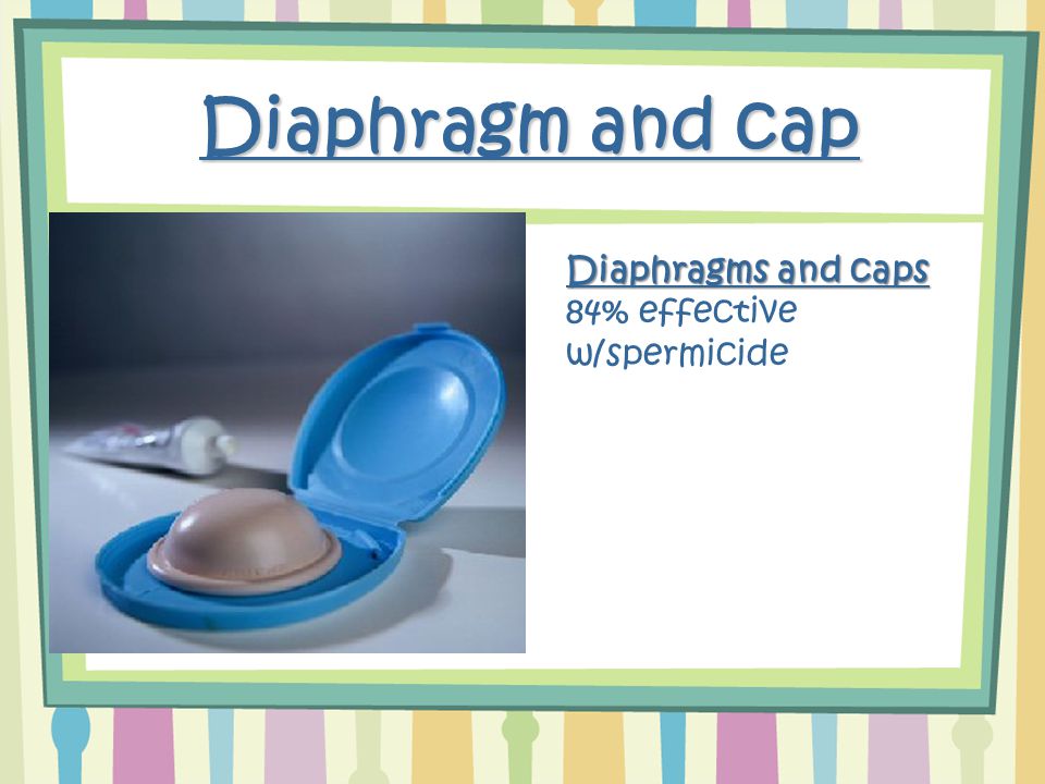 Diaphragm and cap Diaphragms and caps 84% effective w/spermicide