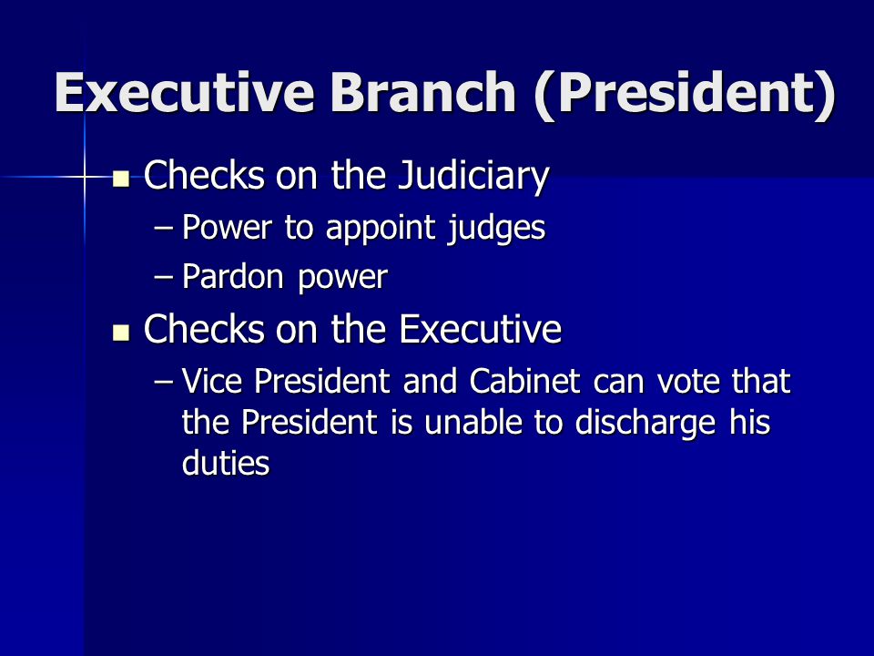 Executive Branch (President) Checks on the Judiciary Checks on the Judiciary –Power to appoint judges –Pardon power Checks on the Executive Checks on the Executive –Vice President and Cabinet can vote that the President is unable to discharge his duties