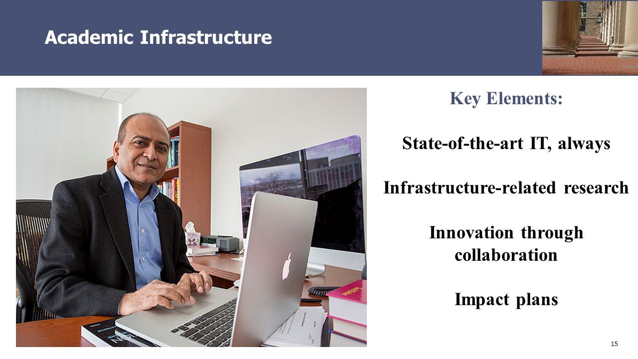 15 Academic Infrastructure Key Elements: State-of-the-art IT, always Infrastructure-related research Innovation through collaboration Impact plans