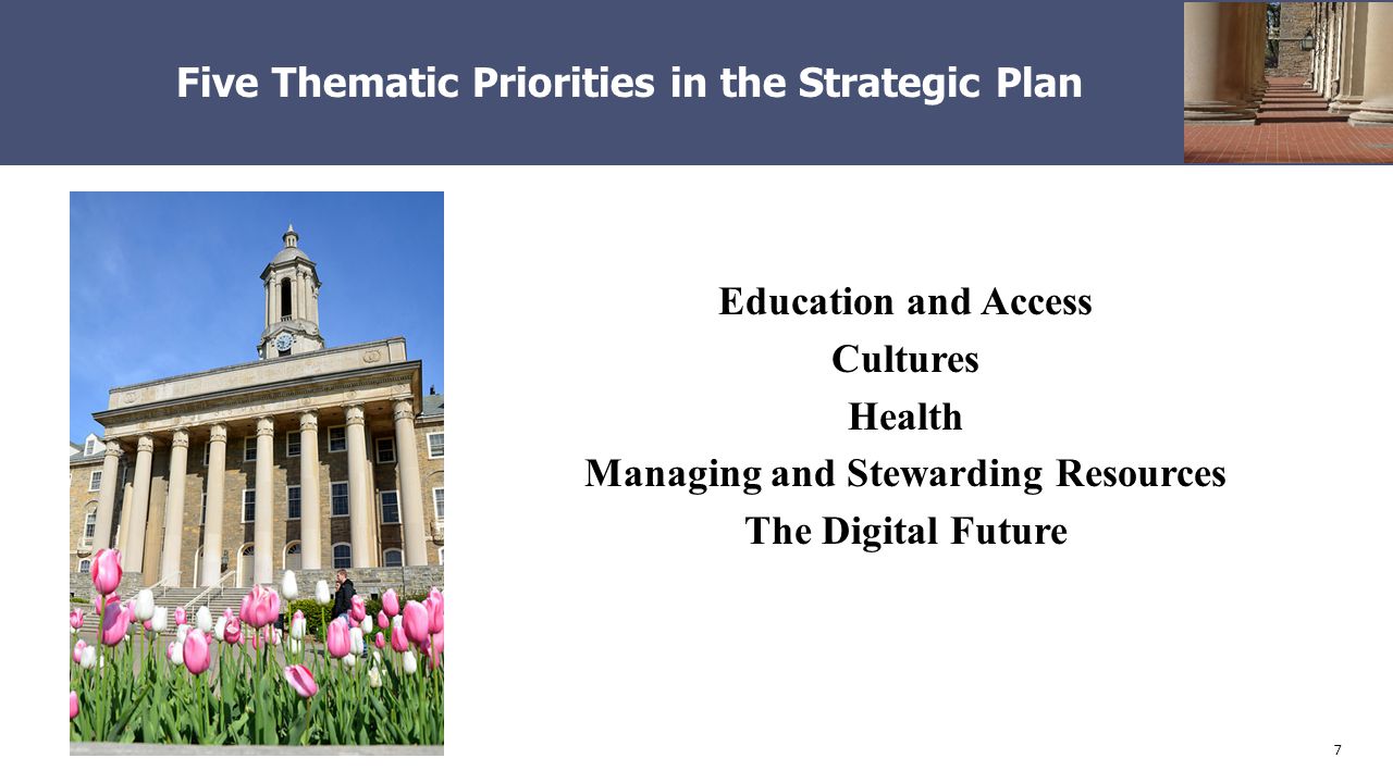 7 Five Thematic Priorities in the Strategic Plan Education and Access Cultures Health Managing and Stewarding Resources The Digital Future