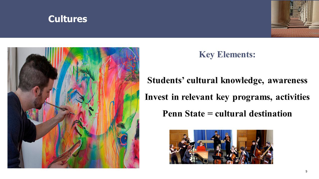 9 Cultures Key Elements: Students’ cultural knowledge, awareness Invest in relevant key programs, activities Penn State = cultural destination