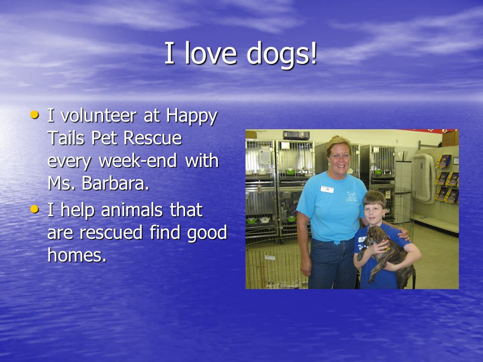 I love dogs. I volunteer at Happy Tails Pet Rescue every week-end with Ms.