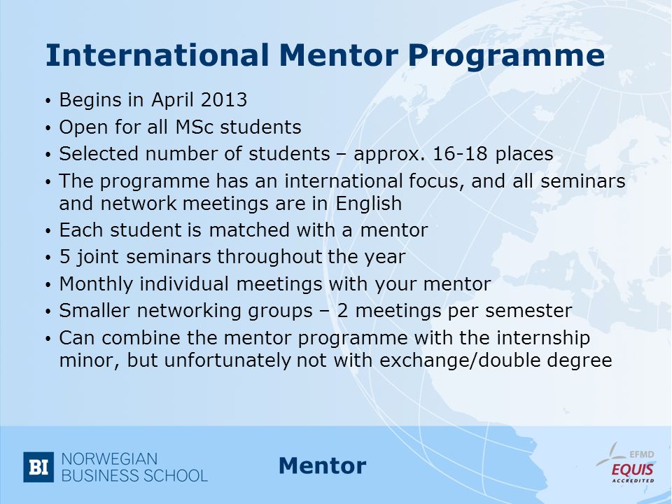 International Mentor Programme Begins in April 2013 Open for all MSc students Selected number of students – approx.