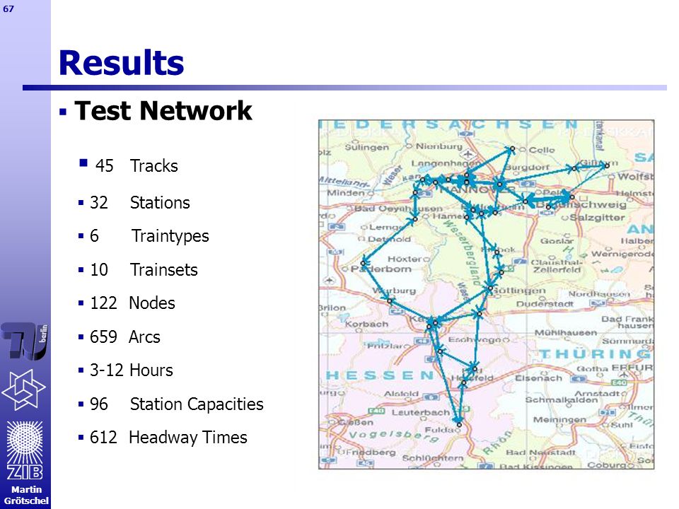 Martin Grötschel 67 Results  Test Network  45 Tracks  32 Stations  6 Traintypes  10 Trainsets  122 Nodes  659 Arcs  3-12 Hours  96 Station Capacities  612 Headway Times