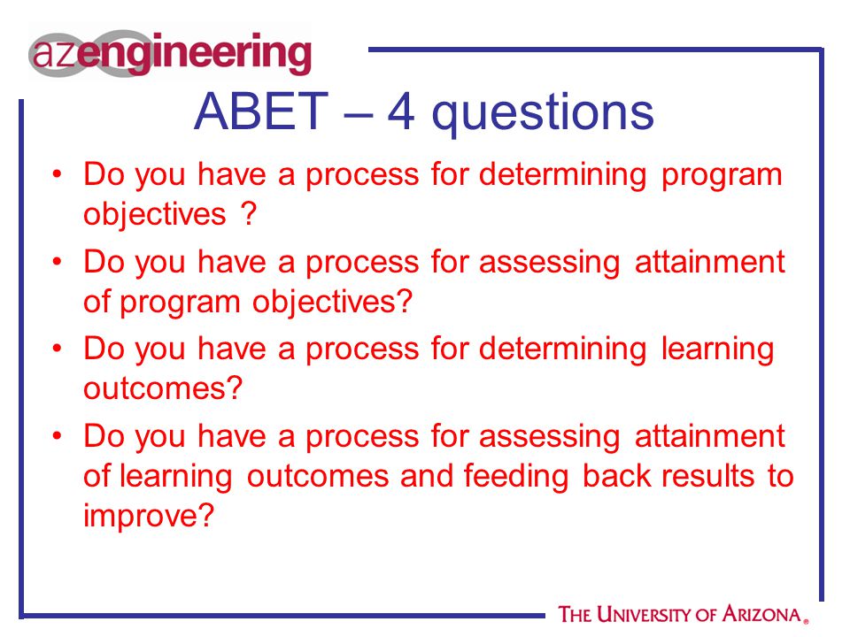 ABET – 4 questions Do you have a process for determining program objectives .