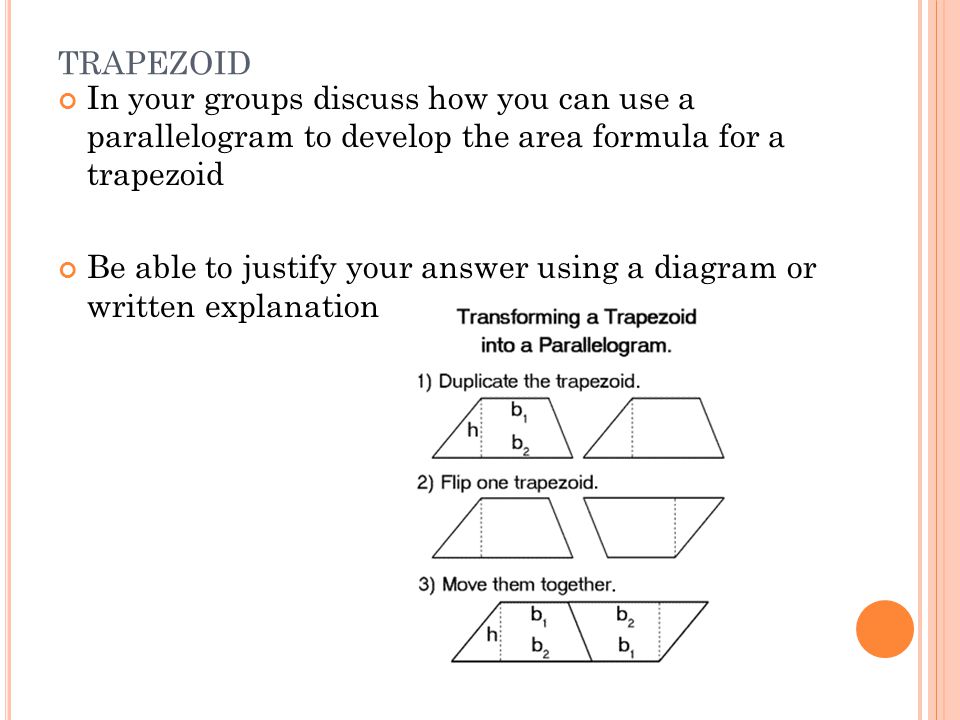 TRAPEZOID In your groups discuss how you can use a parallelogram to develop the area formula for a trapezoid Be able to justify your answer using a diagram or written explanation