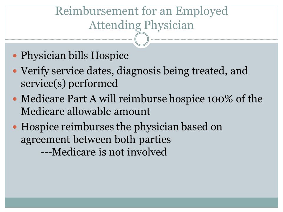 Reimbursement for an Employed Attending Physician Physician bills Hospice Verify service dates, diagnosis being treated, and service(s) performed Medicare Part A will reimburse hospice 100% of the Medicare allowable amount Hospice reimburses the physician based on agreement between both parties ---Medicare is not involved
