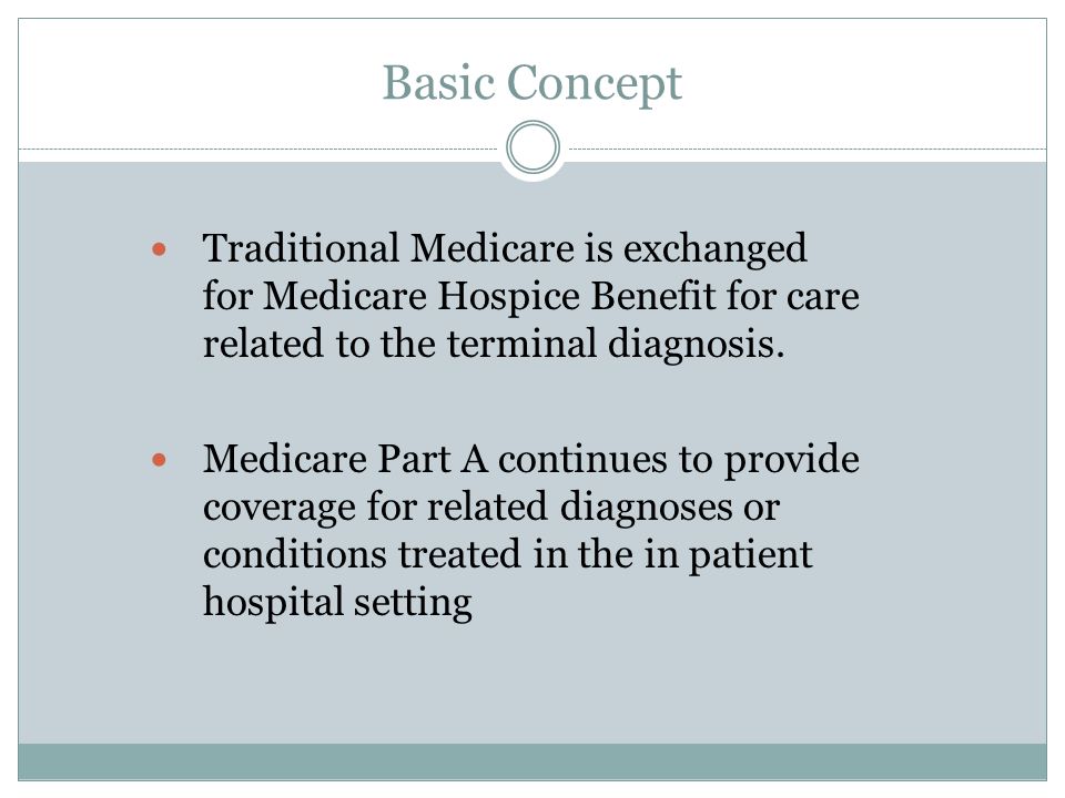 Basic Concept Traditional Medicare is exchanged for Medicare Hospice Benefit for care related to the terminal diagnosis.