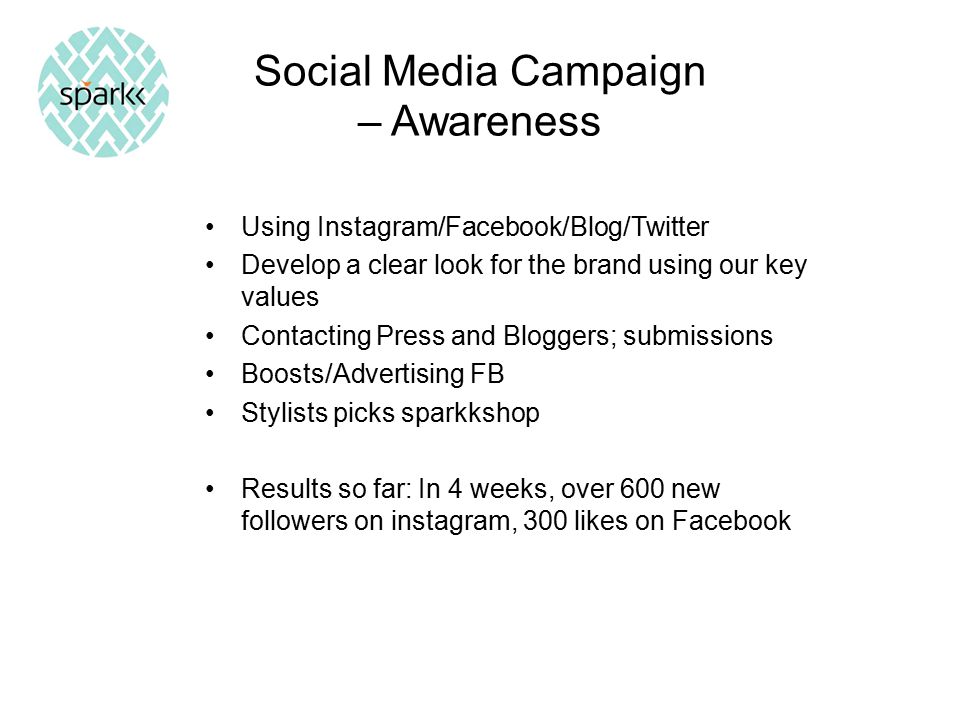 Social Media Campaign – Awareness Using Instagram/Facebook/Blog/Twitter Develop a clear look for the brand using our key values Contacting Press and Bloggers; submissions Boosts/Advertising FB Stylists picks sparkkshop Results so far: In 4 weeks, over 600 new followers on instagram, 300 likes on Facebook