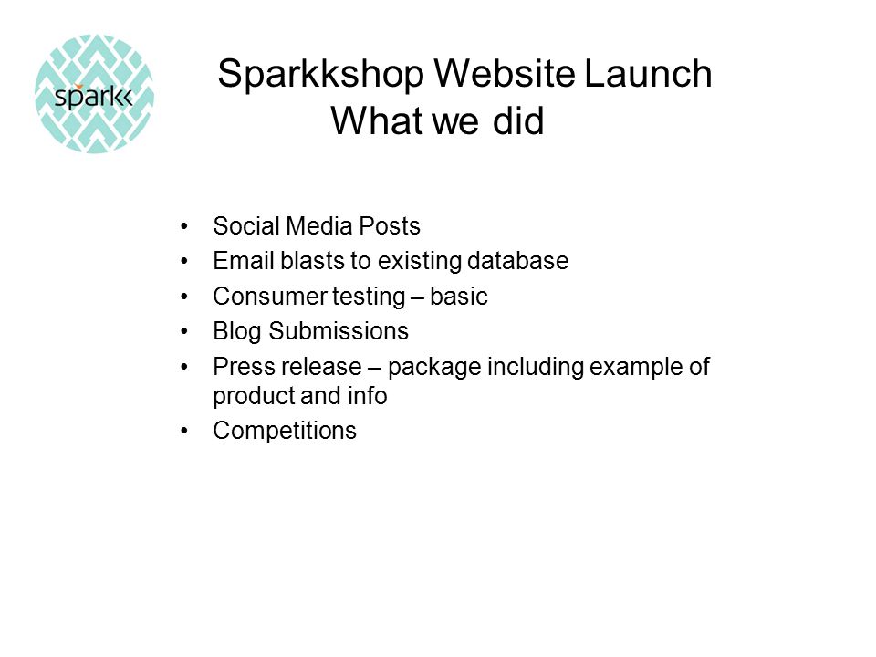 Sparkkshop Website Launch What we did Social Media Posts  blasts to existing database Consumer testing – basic Blog Submissions Press release – package including example of product and info Competitions