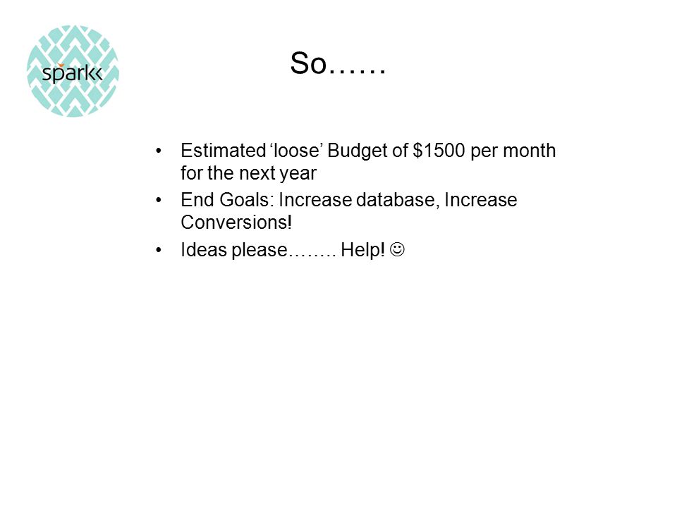 So…… Estimated ‘loose’ Budget of $1500 per month for the next year End Goals: Increase database, Increase Conversions.