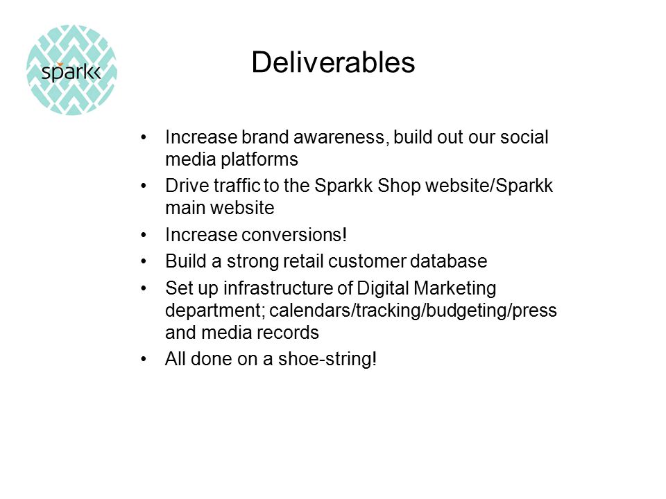 Deliverables Increase brand awareness, build out our social media platforms Drive traffic to the Sparkk Shop website/Sparkk main website Increase conversions.