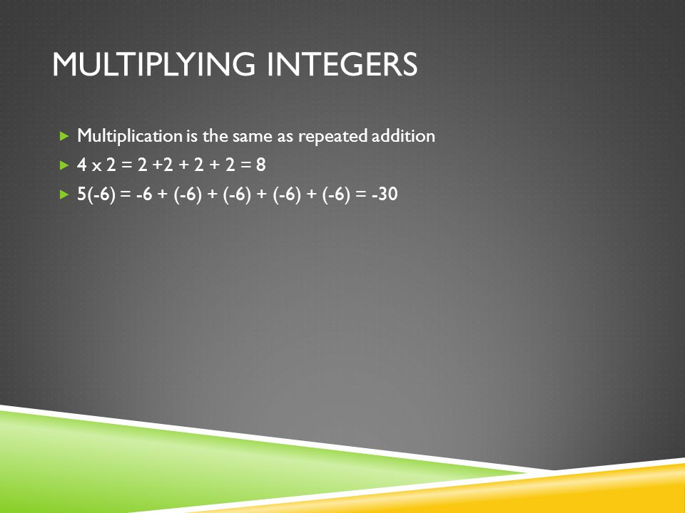  Multiplication is the same as repeated addition  4 x 2 = = 8  5(-6) = -6 + (-6) + (-6) + (-6) + (-6) = -30