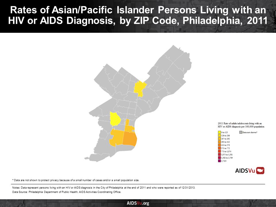 Rates of Asian/Pacific Islander Persons Living with an HIV or AIDS Diagnosis, by ZIP Code, Philadelphia, 2011 Notes: Data represent persons living with an HIV or AIDS diagnosis in the City of Philadelphia at the end of 2011 and who were reported as of 12/31/2013.