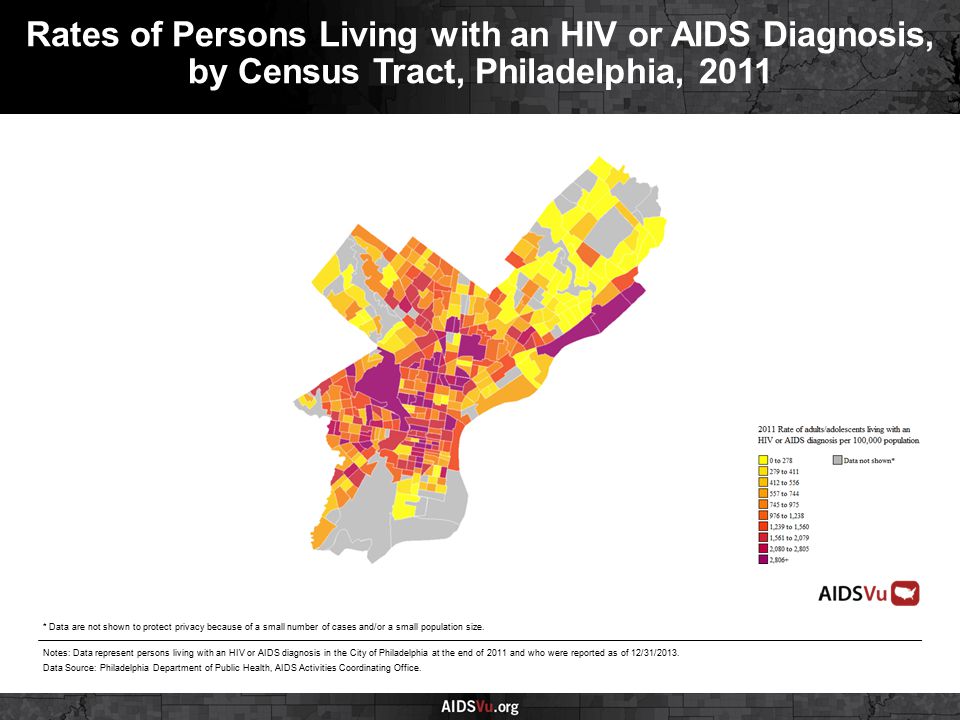 Rates of Persons Living with an HIV or AIDS Diagnosis, by Census Tract, Philadelphia, 2011 Notes: Data represent persons living with an HIV or AIDS diagnosis in the City of Philadelphia at the end of 2011 and who were reported as of 12/31/2013.