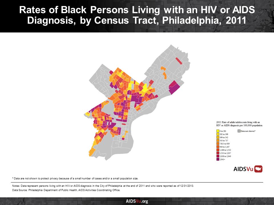 Rates of Black Persons Living with an HIV or AIDS Diagnosis, by Census Tract, Philadelphia, 2011 Notes: Data represent persons living with an HIV or AIDS diagnosis in the City of Philadelphia at the end of 2011 and who were reported as of 12/31/2013.