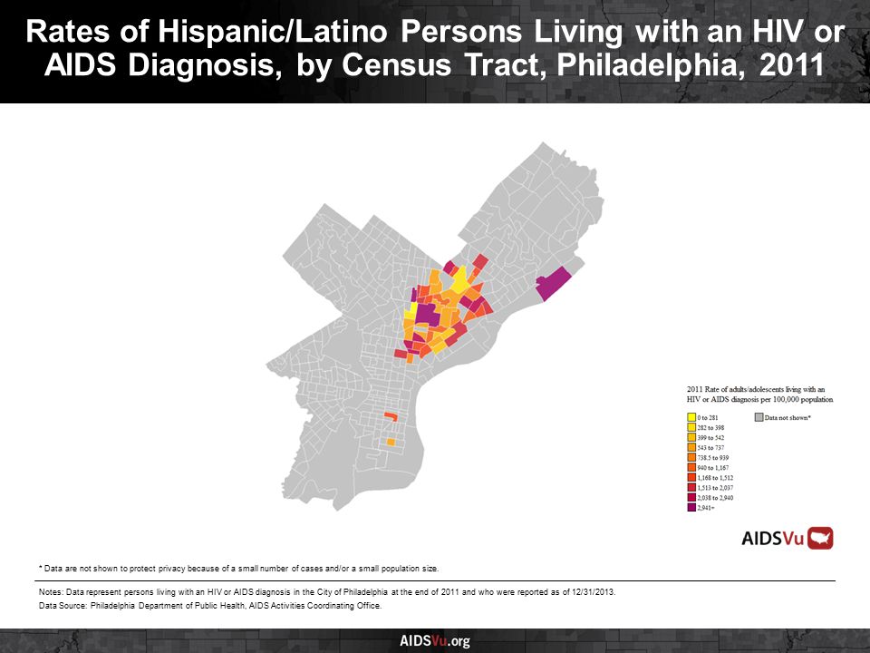 Rates of Hispanic/Latino Persons Living with an HIV or AIDS Diagnosis, by Census Tract, Philadelphia, 2011 Notes: Data represent persons living with an HIV or AIDS diagnosis in the City of Philadelphia at the end of 2011 and who were reported as of 12/31/2013.