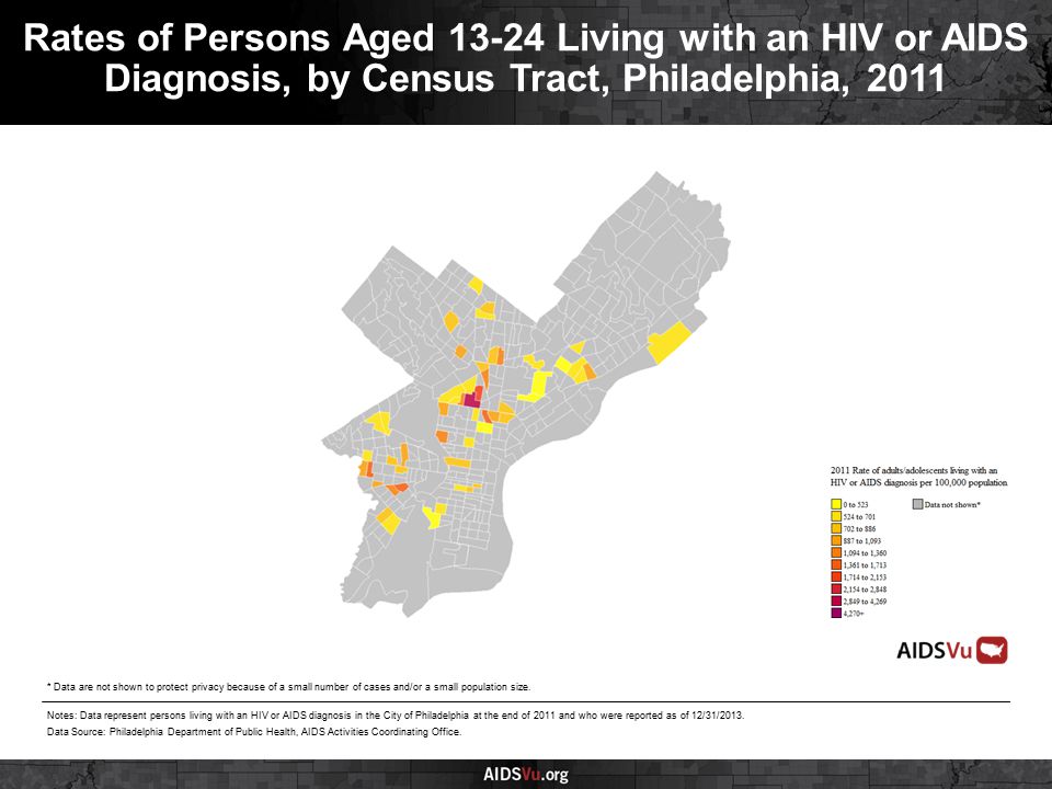 Rates of Persons Aged Living with an HIV or AIDS Diagnosis, by Census Tract, Philadelphia, 2011 Notes: Data represent persons living with an HIV or AIDS diagnosis in the City of Philadelphia at the end of 2011 and who were reported as of 12/31/2013.