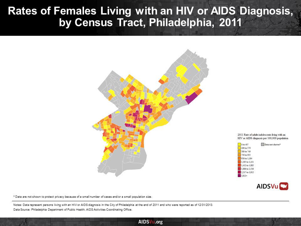 Rates of Females Living with an HIV or AIDS Diagnosis, by Census Tract, Philadelphia, 2011 Notes: Data represent persons living with an HIV or AIDS diagnosis in the City of Philadelphia at the end of 2011 and who were reported as of 12/31/2013.