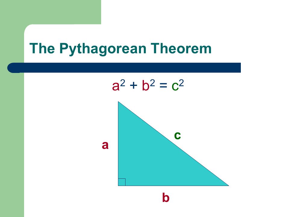 The Pythagorean Theorem a 2 + b 2 = c 2 a b c