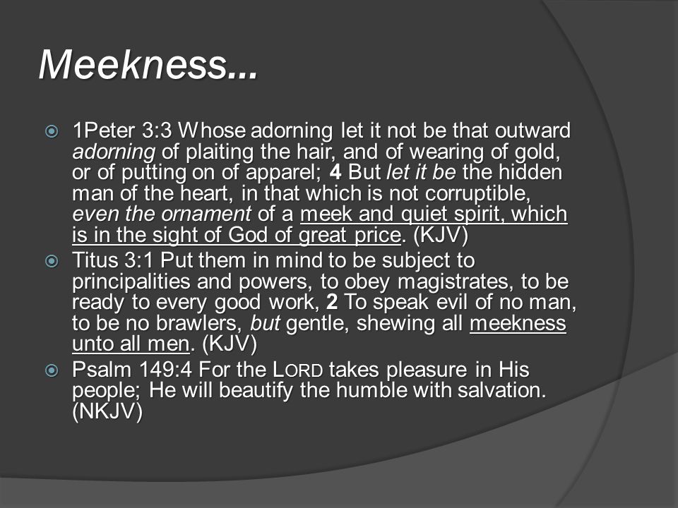 Meekness…  1Peter 3:3 Whose adorning let it not be that outward adorning of plaiting the hair, and of wearing of gold, or of putting on of apparel; 4 But let it be the hidden man of the heart, in that which is not corruptible, even the ornament of a meek and quiet spirit, which is in the sight of God of great price.