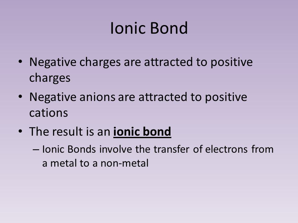 Ionic Bond Negative charges are attracted to positive charges Negative anions are attracted to positive cations The result is an ionic bond – Ionic Bonds involve the transfer of electrons from a metal to a non-metal