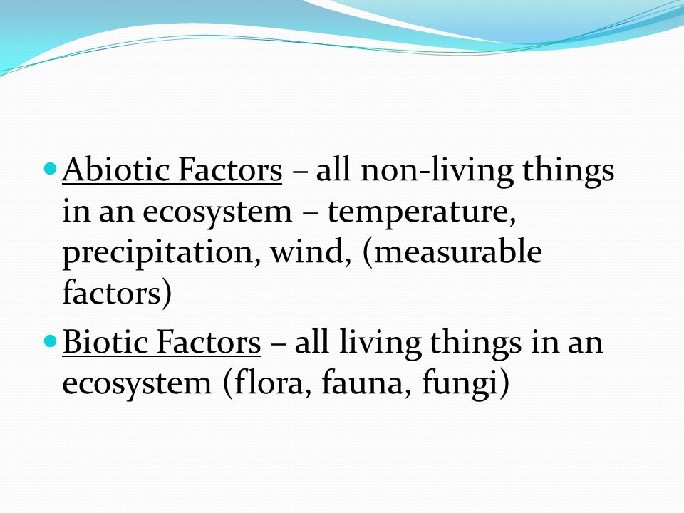 Abiotic Factors – all non-living things in an ecosystem – temperature, precipitation, wind, (measurable factors) Biotic Factors – all living things in an ecosystem (flora, fauna, fungi)