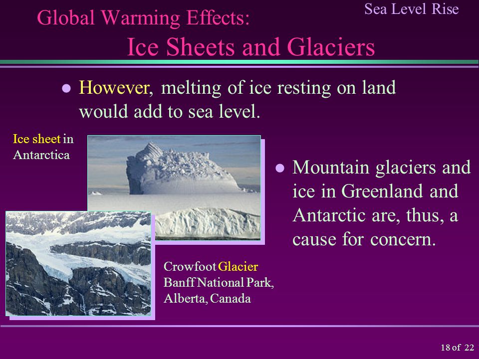 Sea Level Rise 17 of 22 Global Warming Effects: Melting of Polar Ice Ice at the North Pole is floating on the ocean and melting there due to global warming would not affect sea level.