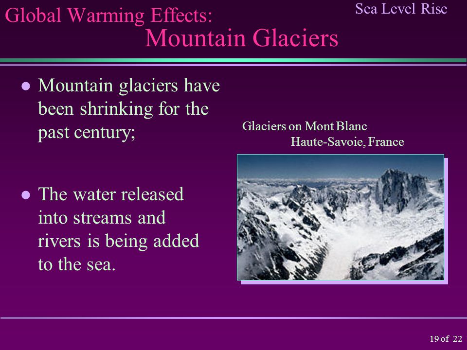 Sea Level Rise 18 of 22 Global Warming Effects: Ice Sheets and Glaciers Mountain glaciers and ice in Greenland and Antarctic are, thus, a cause for concern.